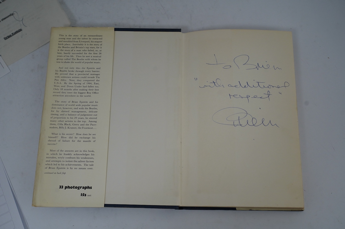 Two Brian Epstein (manager of the Beatles) related items; a signed first edition of A Cellarful of Noise, pub. Souvenir Press 1964, signed and dedicated to Brian Matthew in ball point ink, together with an historically i